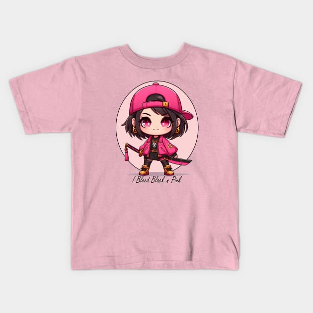 Chibi Samurai Girl Bleed Black n Pink Kids T-Shirt by PlayfulPandaDesigns